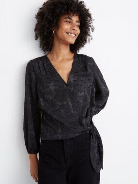 Madewell Black Floral Jacquard Wrap Top Small Side Tie Textured Blouse Snap Chic